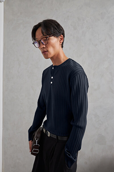 HYMAN Pulover tricotat pentru bărbați cu material reiat guler rotund nasturi