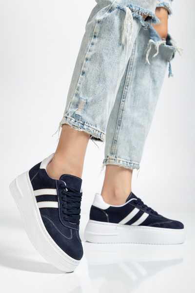 BAHRİNA Women's Navy Blue Suede Thick Soled Sneaker