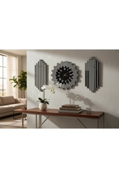 Amisos Dekor Füme Aynalı Piyano Saat Üçlü Takım – 80 cm Saat, 90×35 cm Sütunlar, MDF Yapı, Modern Dekor