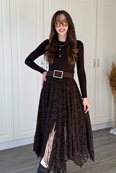 Dilay Gökoğlu Butik Çiçek İşlemeli Kahverengi Tül Uzun Etek