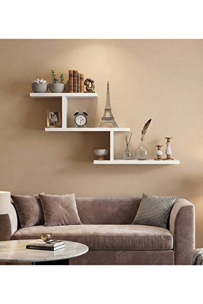 HomeBasics Üç Katlı T Şekilli Ahşap Duvar Rafı Depolama Rafı Beyaz