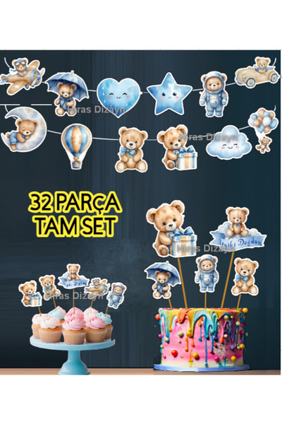Hiras Dizayn Mavi Erkek Bebek 32 Parça Cinsiyet Partisi Baby Shower Banner Pa...