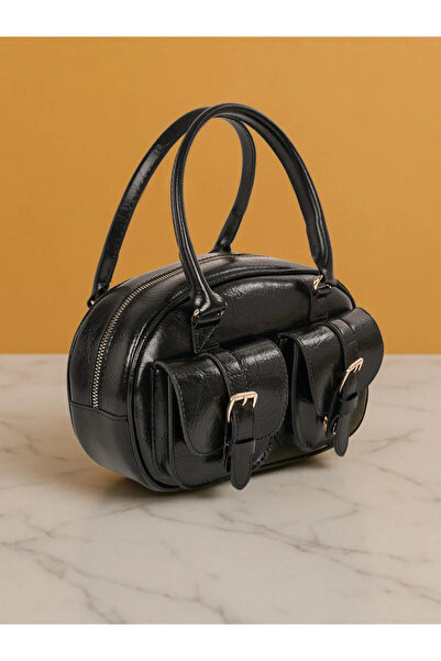 MISS IPEKYOL Kadın Siyah Deri Saplı Çapraz Askılı Küçük Boy Saten Kumaş El ve...