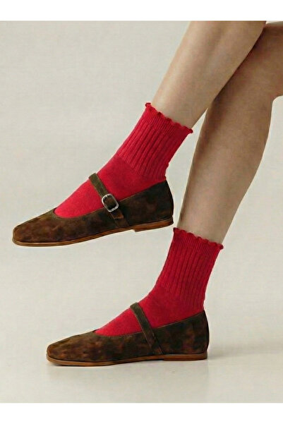 FENRA STUDIO Burun Seamless Women's Derby Red Ruffled Cotton Socks