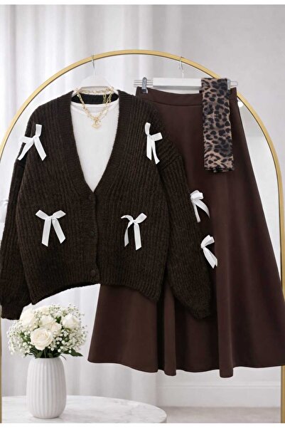 MODA VEDAT Cardigan tricotat cu detaliu cu fundă pentru femei - Set cu fustă scuba