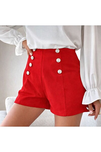 Velista Women's Black Scuba Crepe Button Detailed Shorts