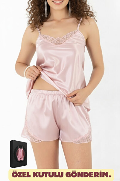 ZENCHES Güpürlü Pembe Saten Şortlu Gecelik Takım