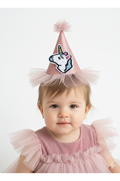 Minia Birthday Hat – Pink Glitter Tulle Baby Party Hat with Colorful Sequin U...