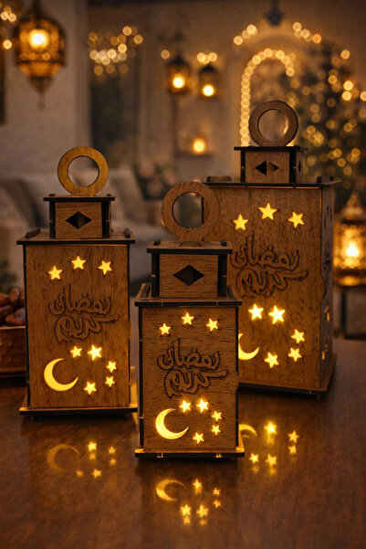 MUSK STORE 3Adet ahşap Ramazan fener + 3adet elktrunik mum 20x10cm