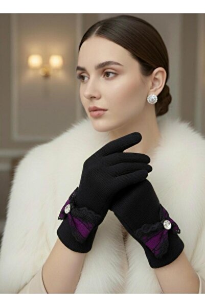 Lumos Trade Elegant Lace Bow Stone Detailed Women's Winter Knitwear Gloves – ...