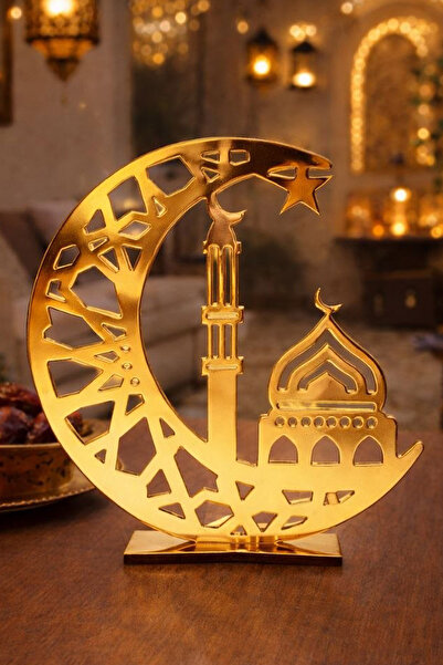 MUSK STORE Ornament mic din plexiglas Ramadan Crescent Culoare Aur 13 x 11 Cm
