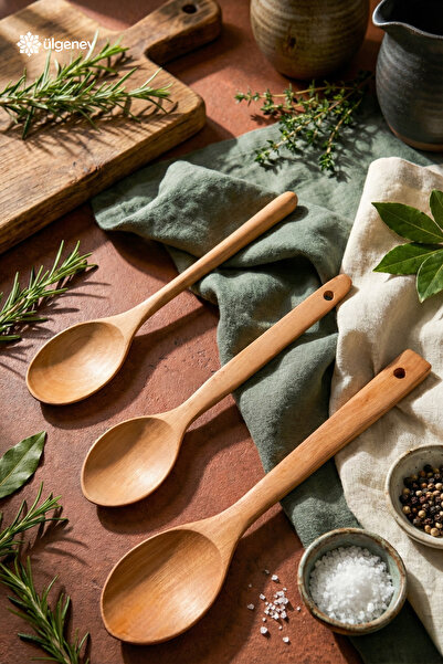 Ülgenev Set of 3 Bamboo Beech Wooden Spoons for Rice, Sauce & Serving and Food Spoon Wooden Kitchen Set, Dowry Box