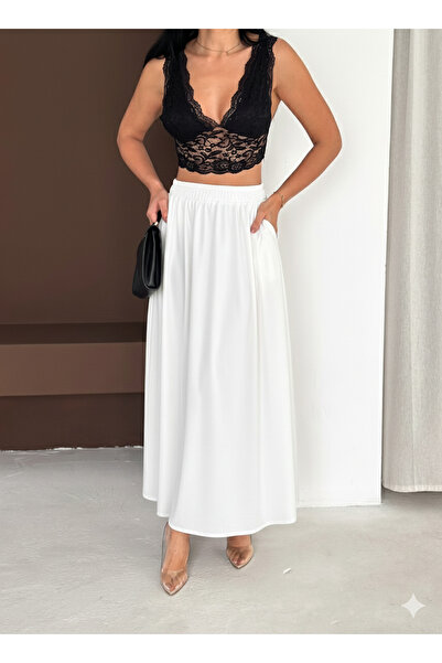 MaxiMor Fusta maxi drapată de culoare neagră pentru femei cu buzunare laterale 4 de tranziție țesătură lacuită lungime 95 cm