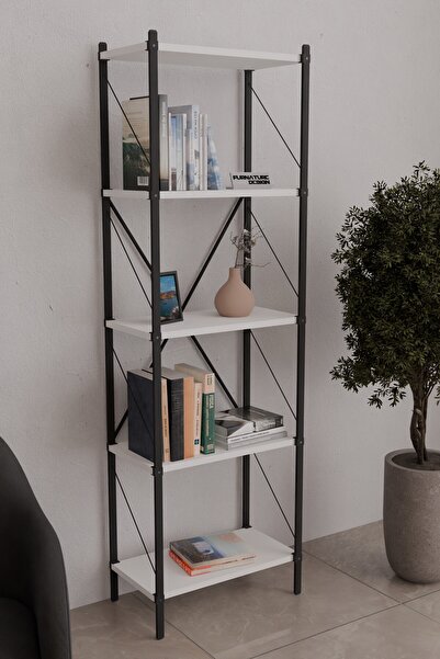 FurnatureDesign Metal Kitaplık 5 Raflı Dekoratif Kitaplık Beyaz