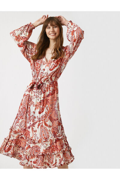 Koton Рокля с V-образно деколте с набрани подгъви и етнически шарки