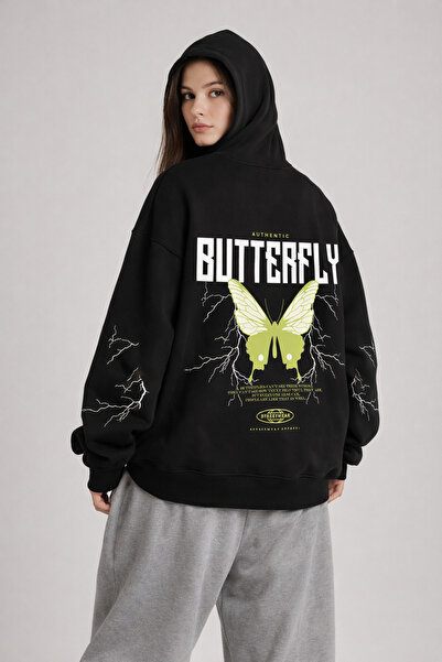 FUWEAR سويت شيرت أسود للجنسين مطبوع بغطاء رأس - 3 خيوط ش مبطن بالصوف مقاس كبي...