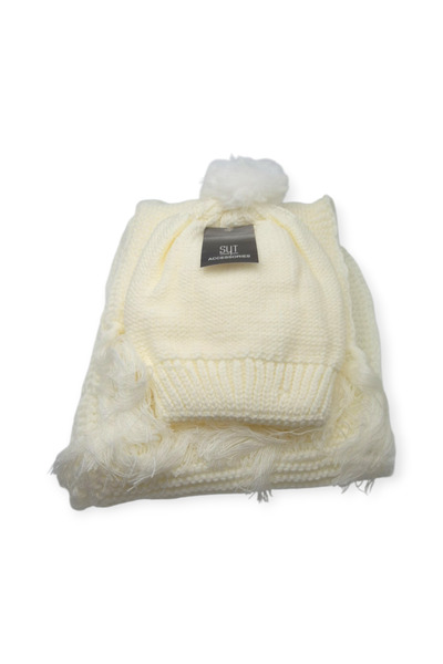 Mustran Set de eșarfe și beretă pentru tineri și femei, elegant, premium, cu pompon | Costum de iarnă din material subțire gros cu textura de lână