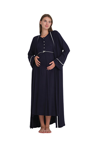 bigmama Yazlık Hamile, Lohusa ve Emzirme 2'li Gecelik Sabahlık Takımı - Beyaz...