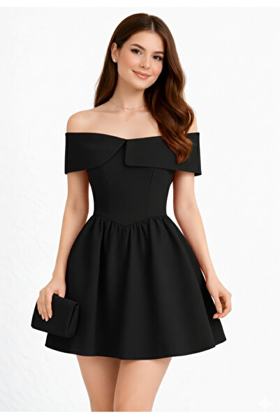 Şayse Design Madonna yaka,sırtı bağcıklı,korsajlı,Siyah kısa abiye elbise