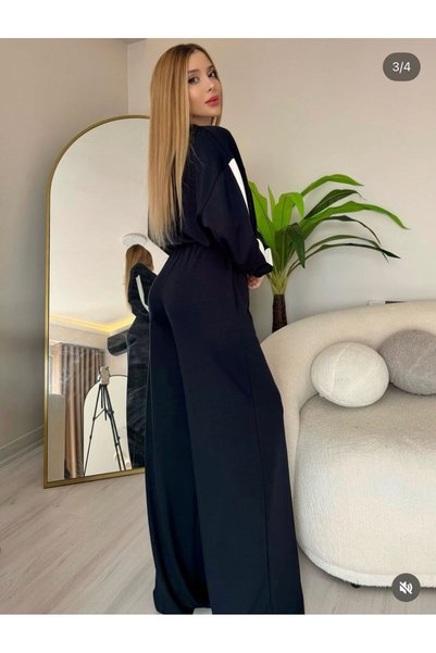 moda paketi Women's Stripe Detailed Modal Tracksuit Set - Relaxed Fit, Long Sleeve Sweatshirt, and Wide Leg Pants
