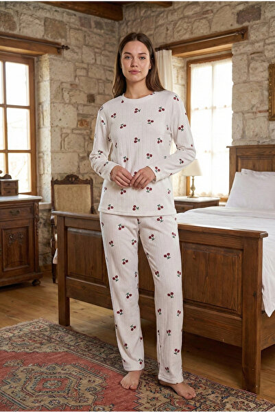 Arvin Pijama Γυναικείο σετ πιτζάμες με μακρυμάνικο μαλακό βαμβακερό ύφος κοτλέ με μοτίβο κερασιού