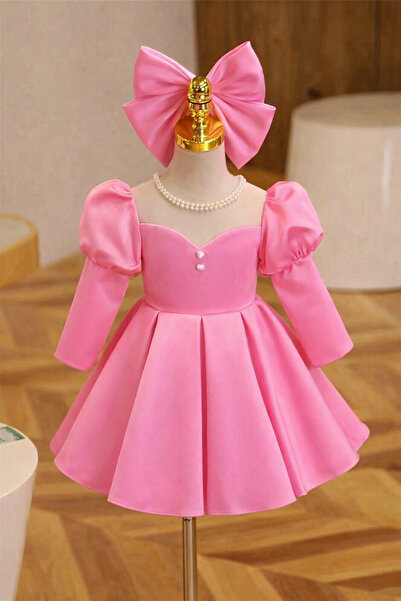 MUSGEM Rochie de seara pentru fete cu maneca lunga roz cu design special cu d...