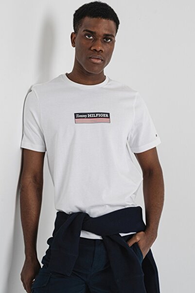 Tommy Hilfiger Erkek Bisiklet Yaka Baskılı Kısa Kol Beyaz T-Shirt MW0MW38079-YBR