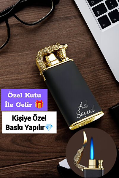 TrendÜrünlerim Kişiye Özel Timsah Figürlü Çift Alev Gazlı Ejderha Alevi Çakmak Hediye Paketli ÖZEL KUTULU