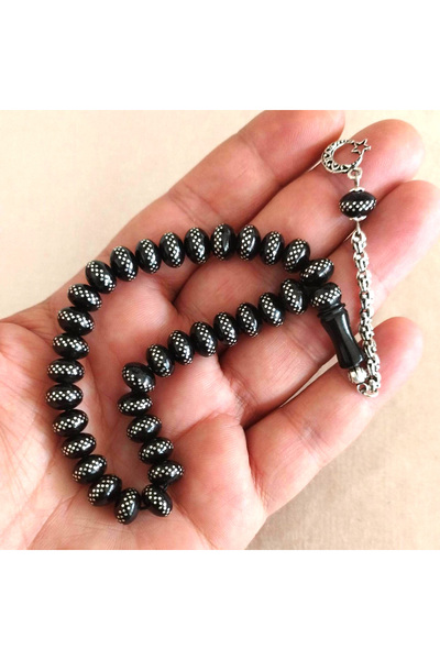 OltutaşıMarket Gümüş İşlemeli Gümüş Püsküllü 4 Parmak Oltu Tesbih