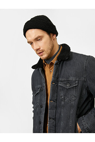 Koton Jean Jacket with Faux Fur Inside and on the Cuffs, and Quilted Detailin...