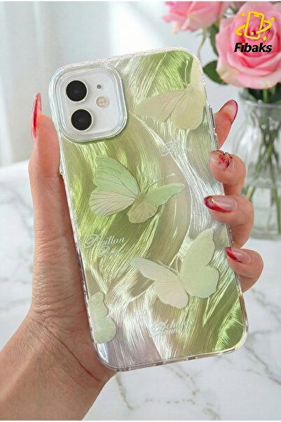Fibaks İphone 11 Uyumlu Kılıf Parlak Hologramlı Yeşil Kelebek Desenli Darbe Emici Kamera Korumalı Silikon