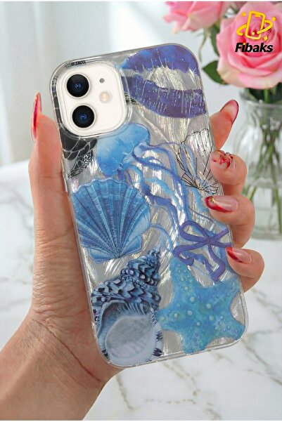 Fibaks iPhone 11 Kılıf Hologramlı Mavi Deniz Kabuğu Desenli Darbe Emici Kamera Korumalı Silikon