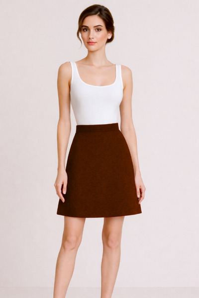 Kahra Collection Acı Kahve Yüksek Bel Hafif Likralı Kumaş Diz Boy Çan Etek