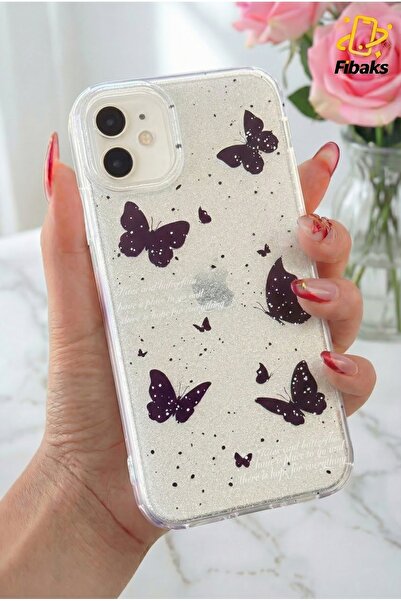 Fibaks Apple iPhone 11 Uyumlu Kılıf Simli Siyah Kelebek Desenli Renkli Parlak Darbe Emici Kapak