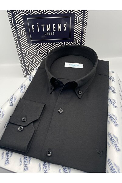 Fitmens قميص رجالي قطني بأكمام طويلة وقصة ضيقة سهل الكي مع علبة هدايا FS-002225 - أسود