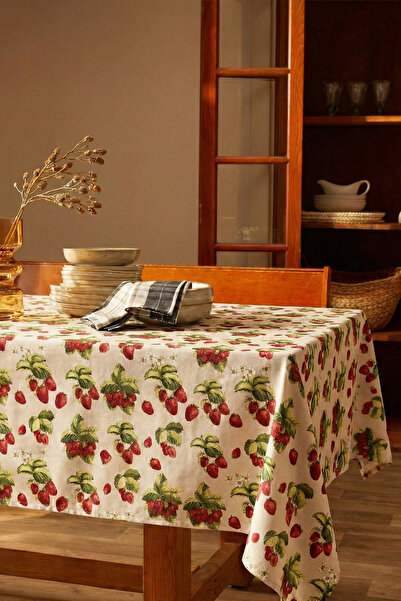 OTEXSA Pamuklu Dertsiz Su İtici Leke Tutmaz Dertsiz Çilek Baskılı Masa Örtüsü