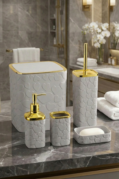 MAKRİ HOME Set de baie din 5 piese, model inimă, auriu gri, pătrat, capac cu clic, volum: 8 litri