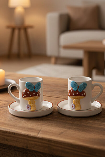Loomart Mushroom & butterfly figured 2-person 4-piece handmade coffee cup set