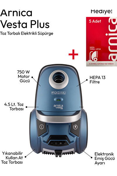 Arnica VESTA PLUS ET14130 TOZ TORBALI SÜPÜRGE-HEPA 13 MAVİ + TOZ TORBASI HEDİ...