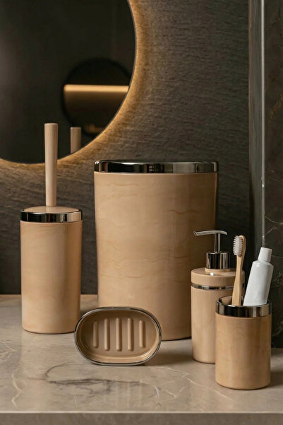 MAKRİ HOME 5 Parça Akrilik Banyo Seti, Şık ve Kaliteli Akrilik, Gümüş Renk Detaylı, Somon Mermer Desen