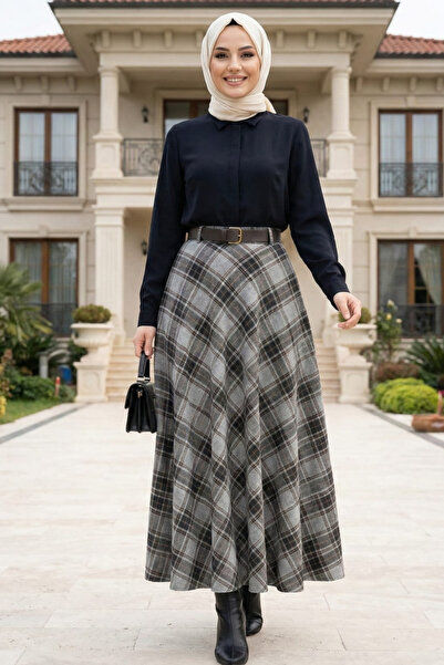 Hb Harma Time Butik Women's Gray Plaid Patterned Skirt