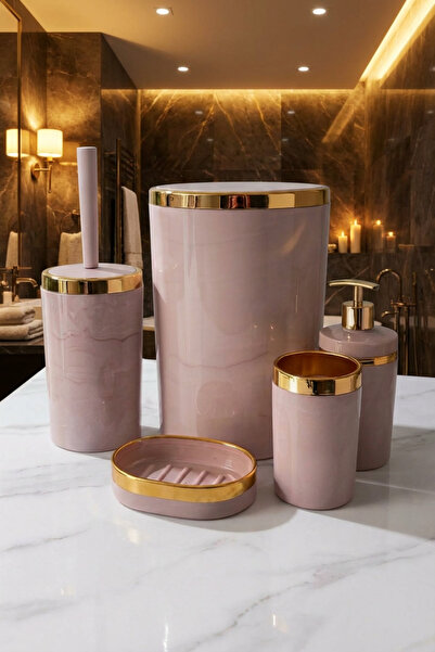 MAKRİ HOME 5 Parça Akrilik Banyo Seti, Şık ve Kaliteli Akrilik, Altın Renk Detaylı, Somon Mermer Desen