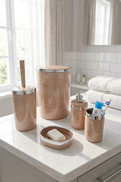 MAKRİ HOME Banyo Seti 5'li,yuvarlak,akrilik-çöpkovası, Wcfırçalık,sıvı Sabunluk,diş Fırçalık,el Sabunluk