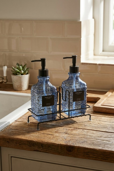 MAKRİ HOME Modern Embossed Patterned Glass Double Liquid Soap Dispenser & Detergent Dispenser Set, Blue - 500 ml Glass Soap Dispenser