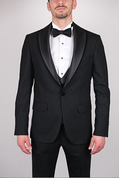 SERKAN SEVİNÇ Slim Fit Geniş Şal Yaka Dokulu Yelekli Smokin