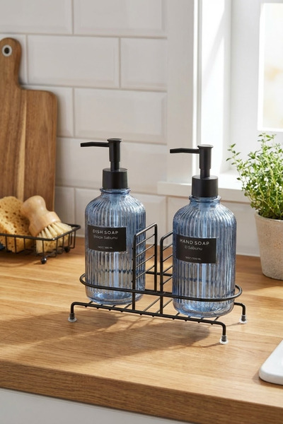 MAKRİ HOME Modern Striped Round Glass Double Liquid Soap Dispenser & Detergent Dispenser Set, Blue - 500 ml Glass Soap Dispenser