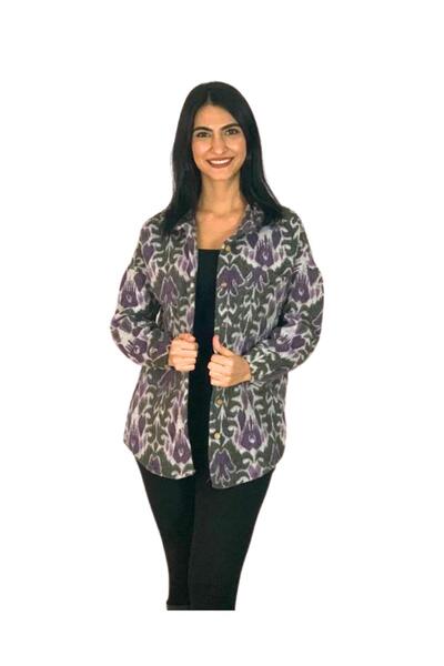 YusGos Women's Single Pocket Patterned Thick Lumberjack Jacket Shirt (Purple-Khaki)