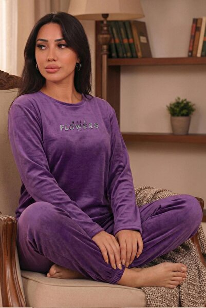 Niket Life طقم بيجامة نسائية مخملية بأكمام طويلة وأصفاد عند الأرجل مع شعار