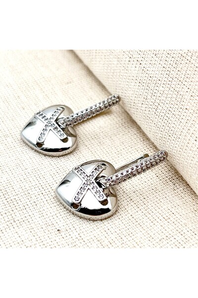 Siya Silver Non-Tarnish Steel Zircon Stone X Detailed Heart Earrings - Gift B...
