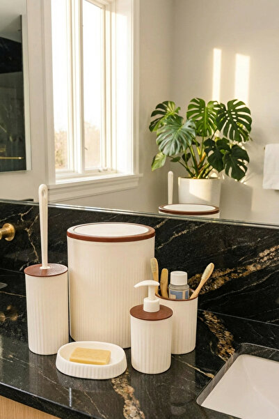 MAKRİ HOME طقم حمام منزلي أبيض دائري مكون من 5 قطع